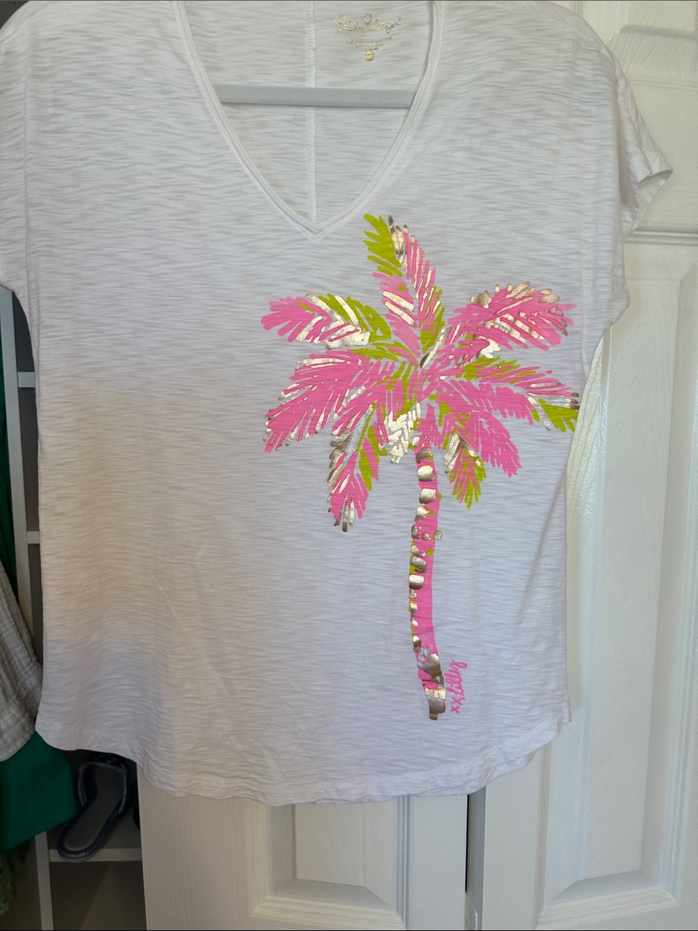 Lilly Pulitzer White V-Neck Tee with Pink & Green Sequin Palm
